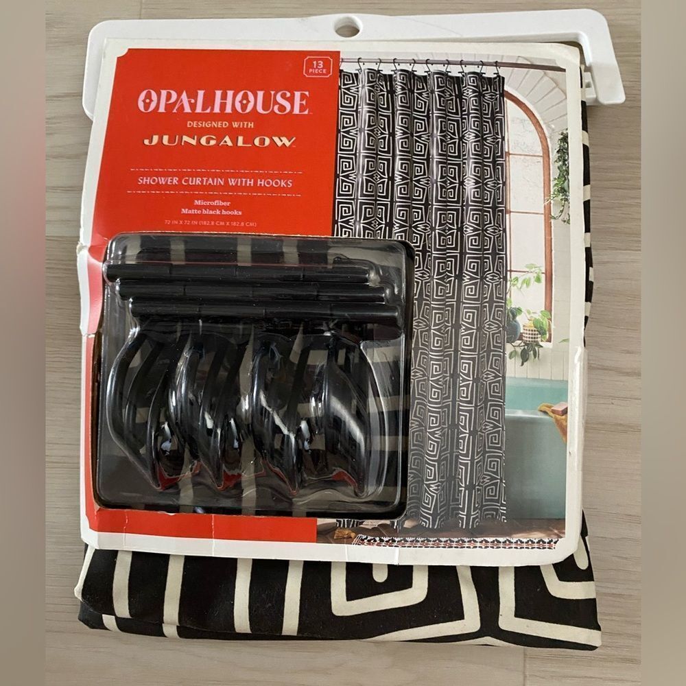 Opalhouse Geometric Black and Cream Shower Curtain with Black Shower Hooks